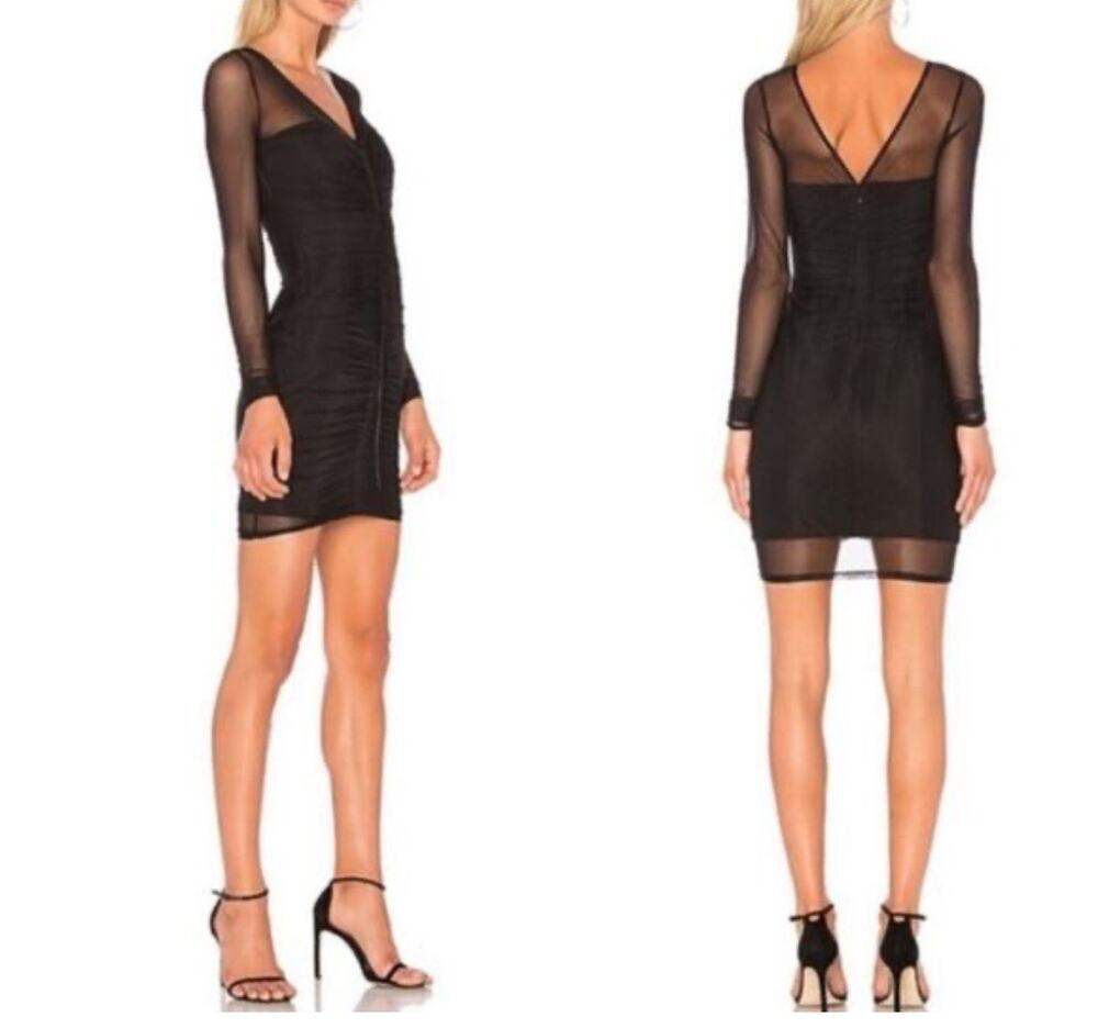 Cinq a Sept Black Ruched Mesh Mini Bodycon Dress Long Sleeves Plunging Neckline